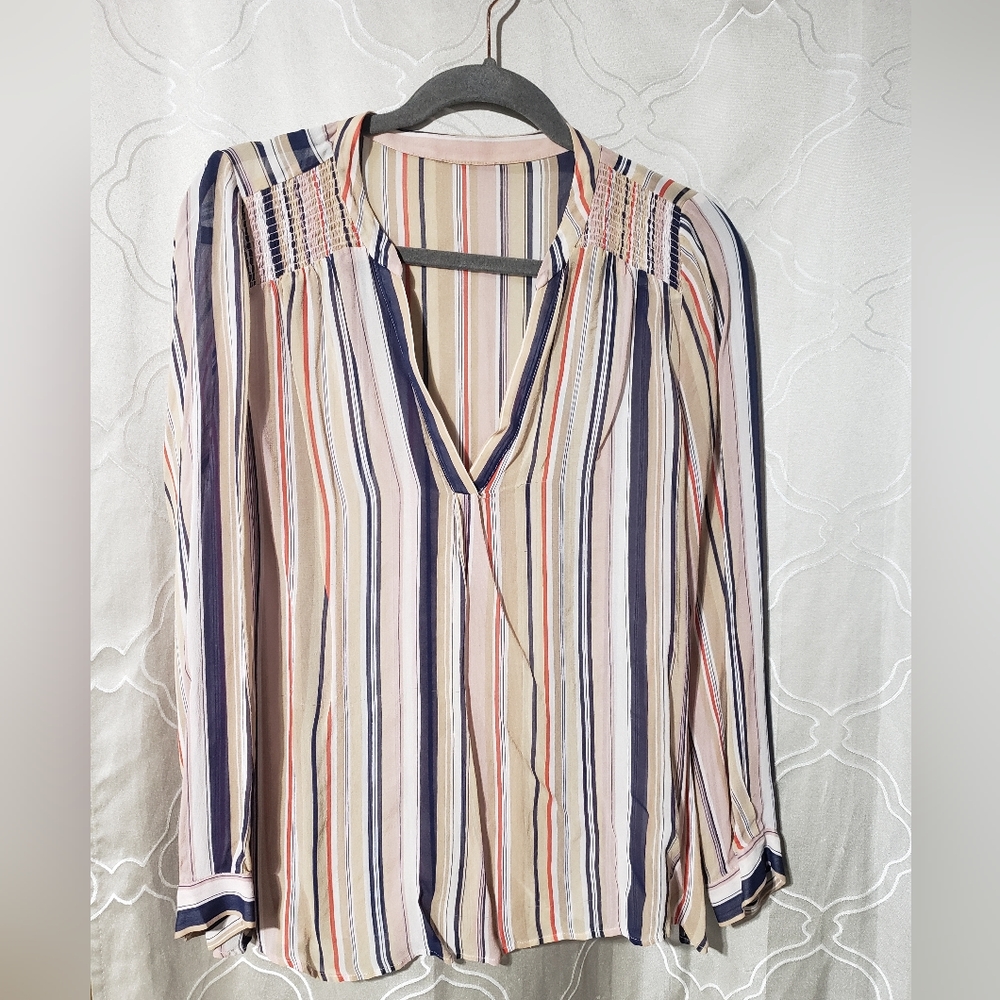 JOIE Silk Ruched Shoulder Chiffon Stripe Blouse Ladies Size 12